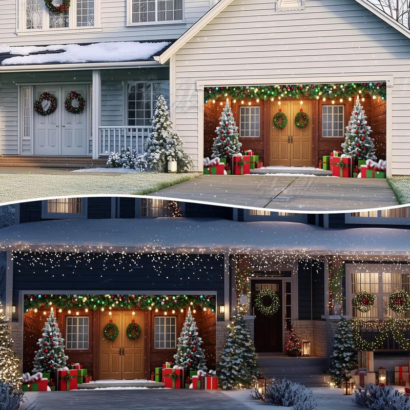 IVN Christmas Garage Door Banner 6x13 ft Winter House Scene with Snow Trees and Gifts Backdrop Decorative Holiday Christmas Garage Door Cover Mural Seasonal Scene Decor - Image 4